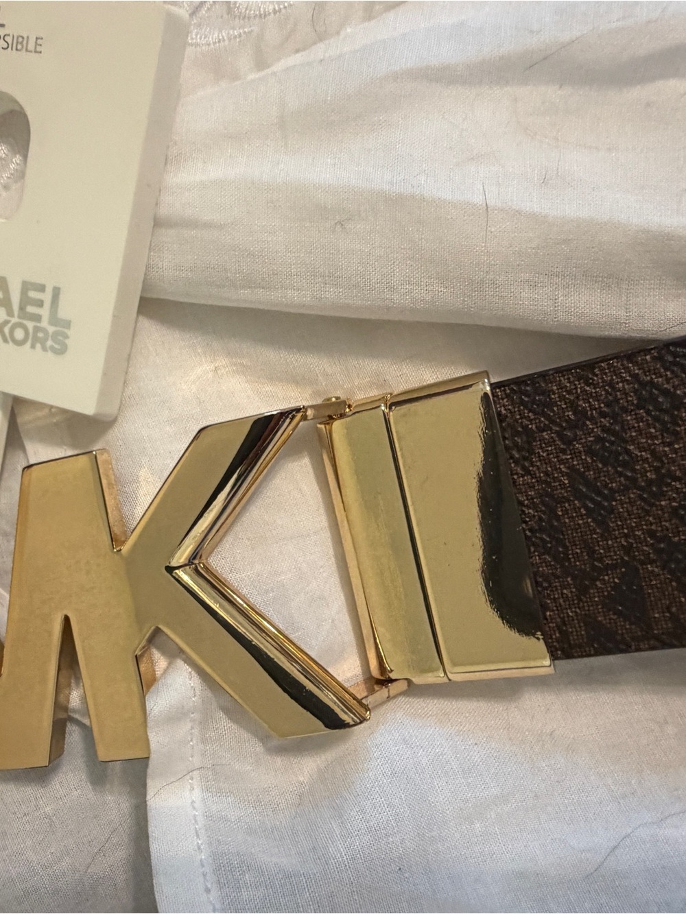 MICHAEL Michael Kors Gold MK Logo Buckle Brown Strap belt - Sz L